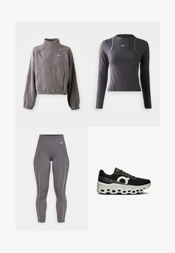 Grijze fleece pullover met een kwart rits, voorzien van elastische manchetten en zoom, een voorkantzak en een klein wit logo op de linkerkant van de borst.; Langarm sporttop in donkergrijs, gemaakt van rekbaar materiaal, met een ronde halslijn en contrasterende stiksels. Nike-logo op de borst.; Grijze hoog-taille legging gemaakt van rekbare stof, met contrasterende zijstrepen en een aansluitend ontwerp voor comfort en flexibiliteit.; Zwarte hardloopschoen met een gestructureerde mesh bovenkant, opvallend wit logo en een unieke wit- en zwartgekleurde gevormde zool met hexagonale uitsparingen.