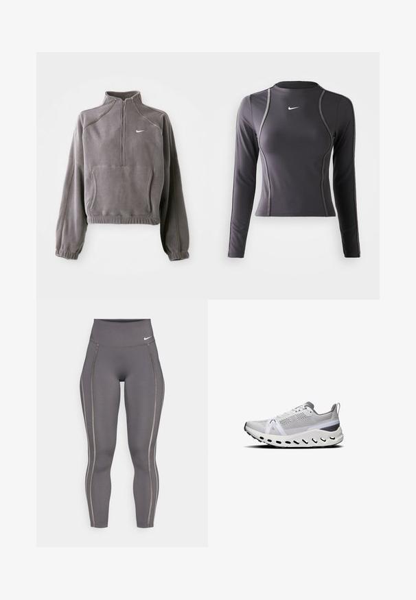 Grau Fleecetop mit einem Viertelreißverschluss, elastischen Bündchen und Saum, einer Vorderasche und einem kleinen weißen Logo auf der linken Brust.; Langärmliges Sportoberteil in Dunkelgrau, aus dehnbarem Material, mit rundem Ausschnitt und kontrastierenden Nähten. Nike-Logo auf der Brust.; Graue hoch taillierte Leggings aus dehnbarem Stoff, mit kontrastierenden seitlichen Streifen und einem figurbetonten Design für Komfort und Flexibilität.; Weiße Sportschuhe mit einem Obermaterial aus Mesh, grauen Akzenten, dick gepolsterter Sohle und mehreren Belüftungsöffnungen entlang der unteren Kante.