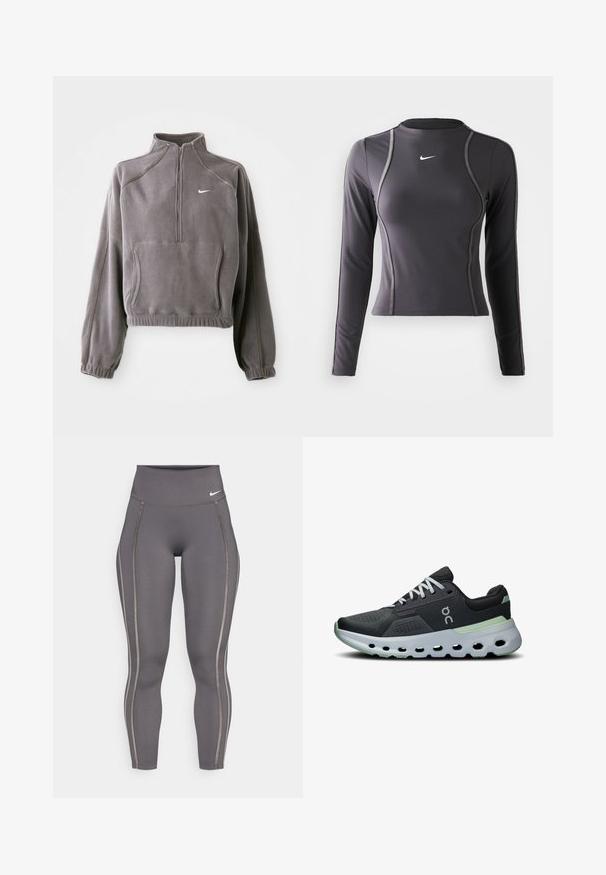 Pullover in pile grigio con zip a un quarto, dotato di polsini e orlo elasticizzati, tasca frontale e un piccolo logo bianco sul lato sinistro del petto.; Maglia sportiva a maniche lunghe grigia scura, realizzata in tessuto elastico, con scollo rotondo e cuciture a contrasto. Logo Nike sul petto.; Leggings grigi alti in vita realizzati in tessuto elasticizzato, con strisce laterali a contrasto e un design aderente per comfort e flessibilità.; Sneakers da atletica con tomaia in rete nera, lacci bianchi e suola ammortizzata con accenti verdi e un design testurizzato e ventilato.