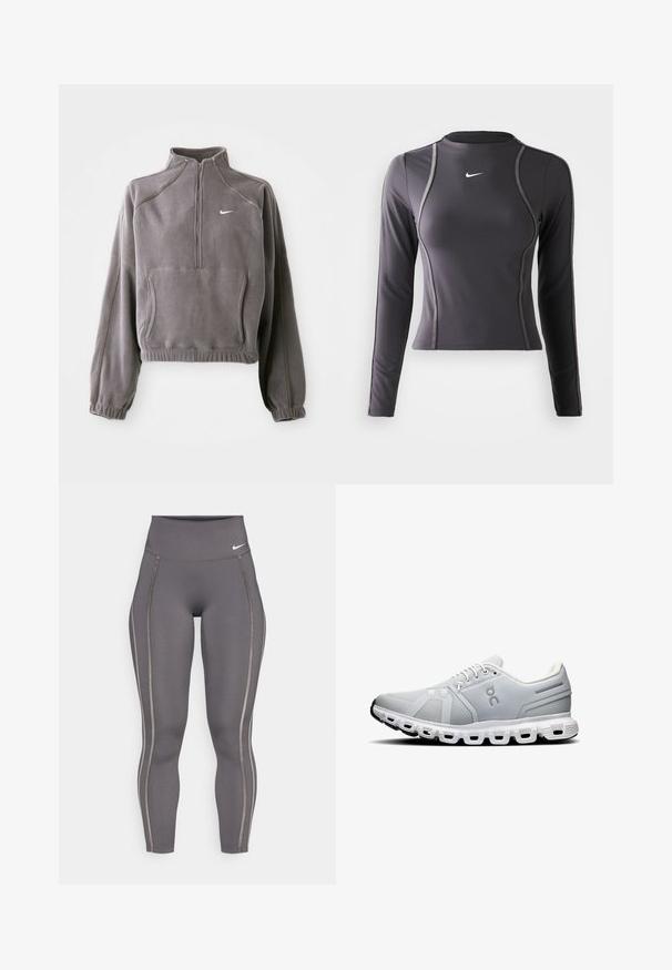 Pilkas vilnos megztinis su ketvirtiniu užtrauktuku, turintis elastingas rankoves ir apatinę dalį, priekinį kišenę ir mažą baltą logotipą kairiajame krūtinės šone.; Ilgų rankovių sportinis džemperis tamsiai pilkos spalvos, pagamintas iš elastingos medžiagos, turintis apvalų iškirpimą ir kontrastingą siuvimą. Nike logotipas ant krūtinės.; Pilkos aukštos juosmens leggingės, pagamintos iš tamprios medžiagos, su kontrastingomis šoninėmis juostelėmis ir prigludusia forma, užtikrinančia patogumą ir lankstumą.; Šviesiai pilki sportiniai bateliai su tinkleliu viršuje, baltais raišteliais ir segmentuota balta padu. Sukurta su logotipu ir subtiliomis dizaino linijomis šonuose.