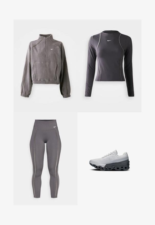 Szary polarowy sweter z suwakiem do jednej czwartej, z elastycznymi mankietami i dołem, kieszenią z przodu oraz małym białym logo na lewej piersi.; Długo rękawowy top sportowy w ciemnoszarym kolorze, wykonany z elastycznej tkaniny, z okrągłym dekoltem i kontrastowym przeszyciem. Logo Nike na klatce piersiowej.; Szare legginsy wysokiej talii wykonane z elastycznego materiału, z kontrastującymi paskami po bokach i dopasowanym krojem zapewniającym komfort i swobodę ruchów.; Bieganie w butach w kolorze białym i szarym, z oddychającą siateczką, amortyzowaną podeszwą z wyciętymi sekcjami oraz teksturowanymi detalami.