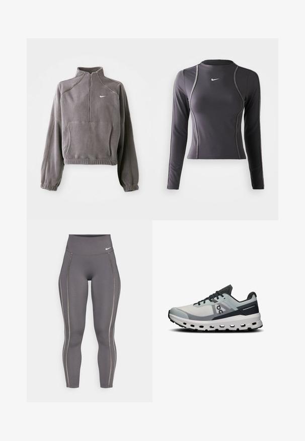 Gray fleece pullover with a quarter zip, featuring elastic cuffs and hem, front pocket, and a small white logo on the left chest.; Long-sleeve athletic top in dark gray, made of stretchy fabric, featuring a rounded neckline and contrasting stitching. Nike logo on the chest.; Gray high-waisted leggings made from stretchy fabric, featuring contrasting side stripes and a fitted design for comfort and flexibility.; Running shoe with a light gray mesh upper, dark blue accents, and a thick white midsole featuring cutouts. Laces are dark gray.