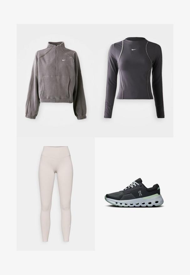 Grå fleecepullover med kvart lynlås, featuring elastiske manchetter og ærmer, frontlomme og et lille hvidt logo på venstre bryst.; Langærmet atletisk top i mørkegrå, lavet af strækbart stof, med en rund halsudskæring og kontrastsyede detaljer. Nike-logo på brystet.; Beige højalmede leggins lavet af blødt, strækbart stof, med en glat overflade og et lille hvidt logo nær anklen.; Sportsko med sort netoverdel, hvide snørebånd og en dæmpet sål med grønne accenter samt et struktureret, ventileret design.