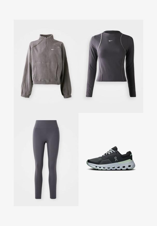 Grau Fleecetop mit einem Viertelreißverschluss, elastischen Bündchen und Saum, einer Vorderasche und einem kleinen weißen Logo auf der linken Brust.; Langärmliges Sportoberteil in Dunkelgrau, aus dehnbarem Material, mit rundem Ausschnitt und kontrastierenden Nähten. Nike-Logo auf der Brust.; Hochgeschnittene Leggings aus glattem, dehnbarem Stoff in dunklem Grau. Sie verfügen über ein nahtloses Design ohne sichtbare Taschen oder Muster.; Sportliche Sneaker mit einem Obermaterial aus schwarzem Mesh, weißen Schnürsenkeln und einer gepolsterten Sohle mit grünen Akzenten sowie einem strukturierten, belüfteten Design.