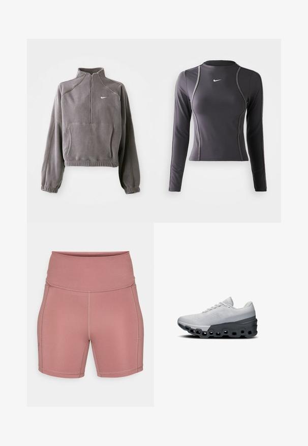 Harmaa fleece-pullover, jossa on neljänneksen vetoketju, joustavat hihansuut ja helma, etutasku ja pieni valkoinen logo vasemmassa rinnassa.; Pitkähihaisessa urheilupaidassa on tumma harmaa väri, siinä on joustava materiaali, pyöreä pääntie ja kontrastiväriset saumat. Rinnassa on Nike-logo.; Under Armour MIDDIE SHORT - Trikoot - maroon mist/dark maroon; Juoksukengät valkoisena ja harmaana, joissa on hengittävä verkkopäällinen, pehmeä pohja, jossa on leikattuja kohtia, ja tekstuuri.