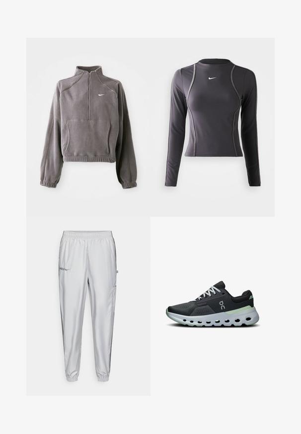 Siv pulover iz flisa s četrtinskim zadrgo, z elastičnimi manšetami in robom, sprednjim žepom ter majhnim belim logotipom na levem prsnem delu.; Dolga majica za športne aktivnosti v temno sivi barvi, narejena iz elastičnega materiala, z zaobljenim ovratnikom in kontrastnim šivanjem. Nike logotip na prsih.; Svetlo sive športne hlače iz gladkega blaga, z elastičnim pasom, stranskimi žepi in vezenimi detajli logotipa spredaj.; Atletski čevlji z zgornjim delom iz črne mreže, belimi vezalkami in podplatom z oblazinjenjem ter zelenimi detajli ter teksturiranim in prezračevanim dizajnom.
