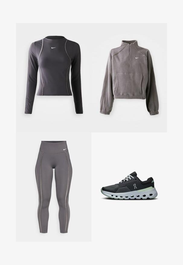 Siv pulover iz flisa s četrtinskim zadrgo, z elastičnimi manšetami in robom, sprednjim žepom ter majhnim belim logotipom na levem prsnem delu.; Dolga majica za športne aktivnosti v temno sivi barvi, narejena iz elastičnega materiala, z zaobljenim ovratnikom in kontrastnim šivanjem. Nike logotip na prsih.; Sive visoko pasovi leggingi, izdelani iz raztegljivega materiala, z kontrastnimi stranskimi črtami in prilegajočo obliko za udobje in fleksibilnost.; Atletski čevlji z zgornjim delom iz črne mreže, belimi vezalkami in podplatom z oblazinjenjem ter zelenimi detajli ter teksturiranim in prezračevanim dizajnom.