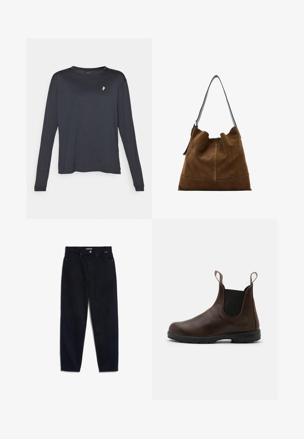 Gray, textured turtleneck sweater with long sleeves, featuring a loose fit and ribbed cuffs. Fabric appears soft and warm.; Dark long-sleeve T-shirt made of textured fabric, featuring a round neckline and a small white logo on the left chest area.; Black denim jeans with a straight leg, five-pocket design, and a button closure. Fabric has a smooth texture and minimal visible stitching.; Brown leather ankle boot with elastic side panels, pull tabs, and textured rubber sole. Features a sleek, rounded toe design.; Brown suede bucket bag with a black leather strap, featuring a soft silhouette and seam detailing at the base.