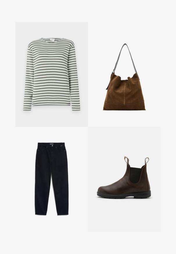 Grijze, textured coltrui met lange mouwen, met een losse pasvorm en geribbelde cuffs. De stof lijkt zacht en warm te zijn.; CLOSED BASIC LONGSLEEVE - Longsleeve - faded green; Zwarte denim jeans met een rechte pijp, vijf zakken en een knoopsluiting. De stof heeft een gladde textuur en minimale zichtbare stiksels.; Bruine leren enkellaars met elastische zijkanten, trekriempjes en een getextureerde rubberen zool. Heeft een slank, rond te ontwerp.; Bruine suede emmer tas met een zwarte leren schouderriem, met een zachte silhouette en naaddetail aan de onderkant.