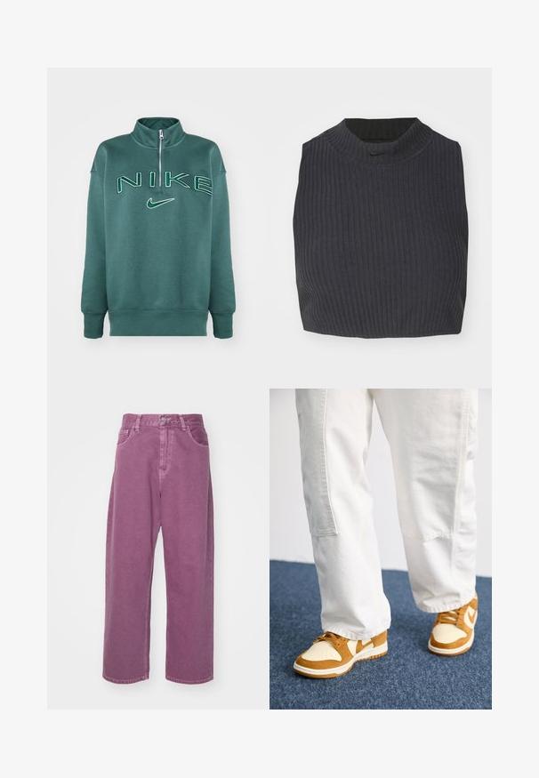 Nike Sportswear LOGO - Sweater - vintage green/jade horizon; Afgekorte ribgebreide top in donker marineblauw, met een hoge halslijn en een subtiele Nike-logo. De stof heeft een gestructureerde, rekbare uitstraling.; Carhartt WIP BRANDON PANT - Relaxed fit jeans - dusty fuchsia; Bruine en crèmekleurige sneakers van suède en leer, met een geperforeerde neus, veters en witte zolen. Draagt met witte broek.