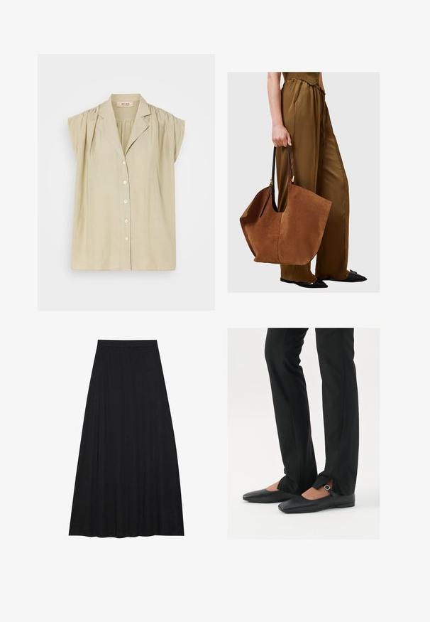 Gray cable-knit sweater with long sleeves and a round neckline. Features textured pattern and ribbed hem, made from a soft, warm material.; Light beige blouse with short puff sleeves, front button closure, and a slight collar. Made from a soft, lightweight fabric.; Black maxi skirt made of soft, flowing fabric. It features an elastic waist and a full, A-line silhouette with a smooth texture.; Black leather ballet flats with a pointed toe, strap with silver buckle, paired with black tailored pants featuring a slit hem.; Brown suede tote bag with black leather handles, featuring a wide, slouchy shape and minimalistic design, held by a person in brown pants.; Silver metal earrings with a wavy, sculptural design featuring a polished finish and irregular shapes, highlighting a contemporary aesthetic.