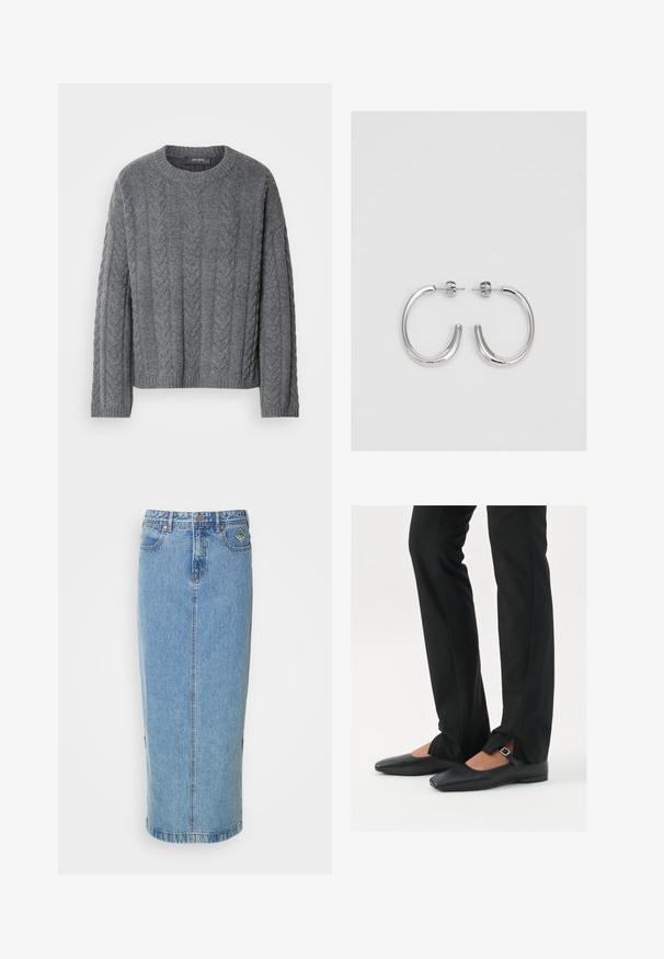Pulover gri din tricot cu model cu ajur, cu mâneci lungi și guler rotund. Dispune de un model texturat și tiv cu nervuri, realizat dintr-un material moale și cald.; Fustă midi din denim de culoare albastru deschis, cu o siluetă dreaptă, închidere frontală cu butoane și buzunare laterale. Prezintă cusături subtile și o etichetă de brand.; Balerini din piele neagră, cu vârf ascuțit, curea cu cataramă argintie, asortați cu pantaloni negri tailoring cu tiv despicat.; Cercei rotunzi din argint cu un finisaj neted și strălucitor. Design ușor, având o formă rotundă și închidere cu tijă.