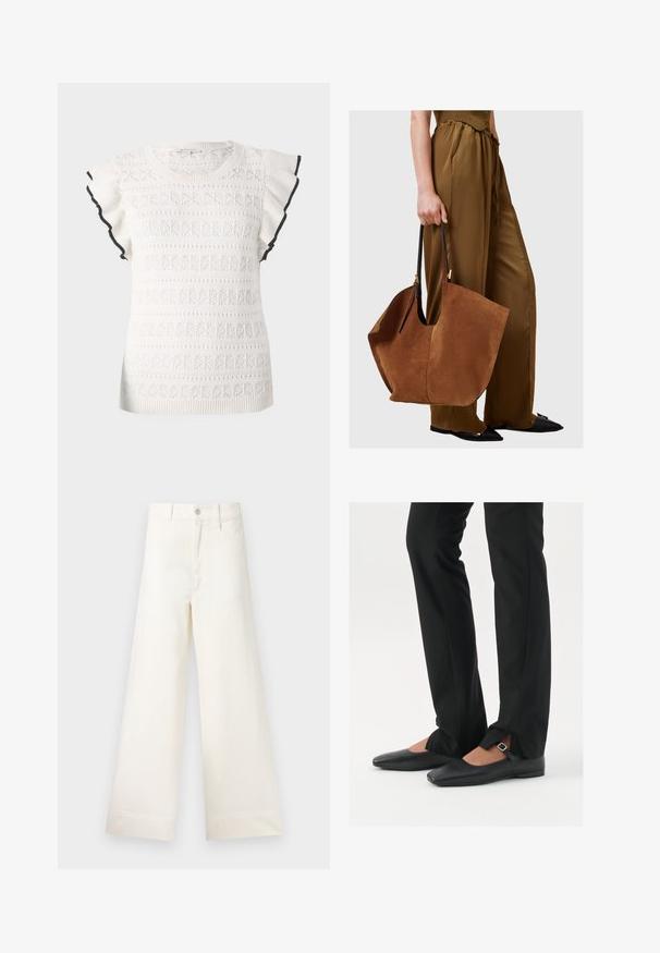 Pelēks adīts džemperis ar garām piedurknēm un apaļu kakla izgriezumu. Iezīmējas ar faktūras rakstu un ribotu apakšmalu, izgatavots no mīksta, siltā auduma.; Balts adīti topiņš ar faktūru rakstu un volānu piedurknēm. Akcentēts ar melnu apdari ap piedurkņu malām.; Platākas kāju bikses gaiši pelēkā kokvilnā. Iespējams augsts jostasvieta, priekšējās kabatas un taisna griezuma. Tīrs apakšmalas apdare bez rakstiem.; Melni ādas baleta zābaki ar smailo purngalu, siksniņa ar sudraba sprādzi, kombinēti ar melniem tailētiem biksēm ar šķēluma apakšdaļu.; Brūna zamša iepirkumu soma ar melnām ādas rokturiem, ar plašu, brīvu formu un minimālistisku dizainu, kuru tur cilvēks brūnās biksēs.; Sudraba metāla auskari ar viļņainu, skulpturālu dizainu, kas izceļas ar pulētu apdari un neregulārām formām, uzsverot mūsdienīgu estētiku.