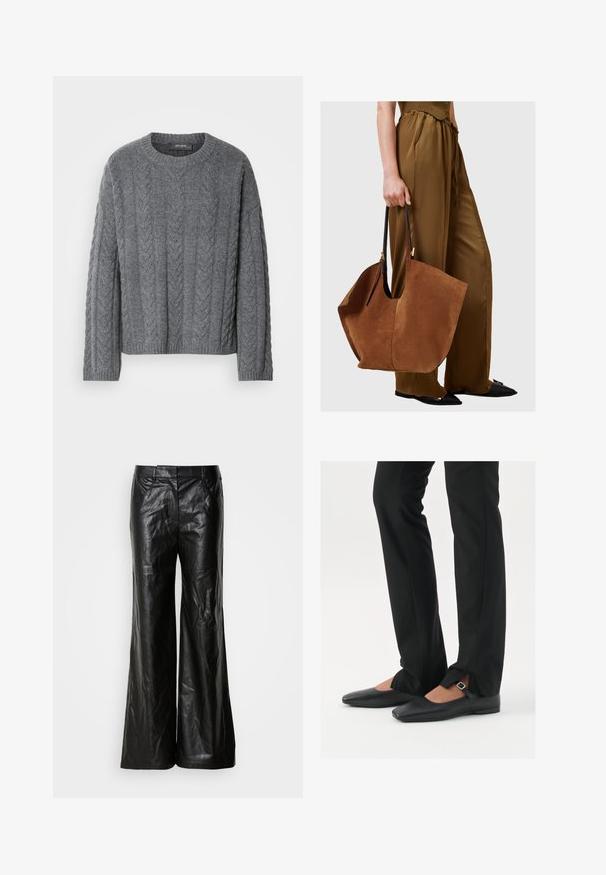 Gray cable-knit sweater with long sleeves and a round neckline. Features textured pattern and ribbed hem, made from a soft, warm material.; Black leather wide-leg trousers with a smooth texture, featuring a classic waistband and side pockets. The design is unembellished and sleek.; Black leather ballet flats with a pointed toe, strap with silver buckle, paired with black tailored pants featuring a slit hem.; Brown suede tote bag with black leather handles, featuring a wide, slouchy shape and minimalistic design, held by a person in brown pants.; Silver hoop earrings with a minimalist design. Circular shape, smooth texture, and thin profile. Lightweight with a polished finish.