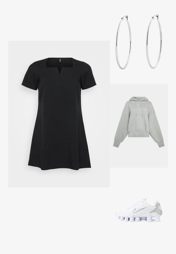 Huppari harmaana, joka on leikattu lyhyeksi ja valmistettu pehmeästä kankaasta. Varustettu säädettävällä naruhupulla, leveillä hihoilla ja pienellä logolla etupuolella.; Mustapuku, jossa on lyhyet hihat, neljökaula-aukko ja A-linjainen siluetti. Valmistettu sileästä kankaasta, jossa on hieman kiiltoa ja ei näkyviä kuvioita.; Valkoiset urheilukengät, joissa on verkkokangaspäällinen, hopeiset yksityiskohdat ja ainutlaatuinen kierreellinen pohjamuotoilu. Varustettu pehmustetulla nilkkakohdalla ja nauhakiristyksellä mukautuvaa istuvuutta varten.; Hopehope hopehope hopehope hopehope hopehope, joka on sileä ja kiillotettu pinta ja ohut, pyöreä muoto. Muotoilu sisältää turvallisen lukituksen.