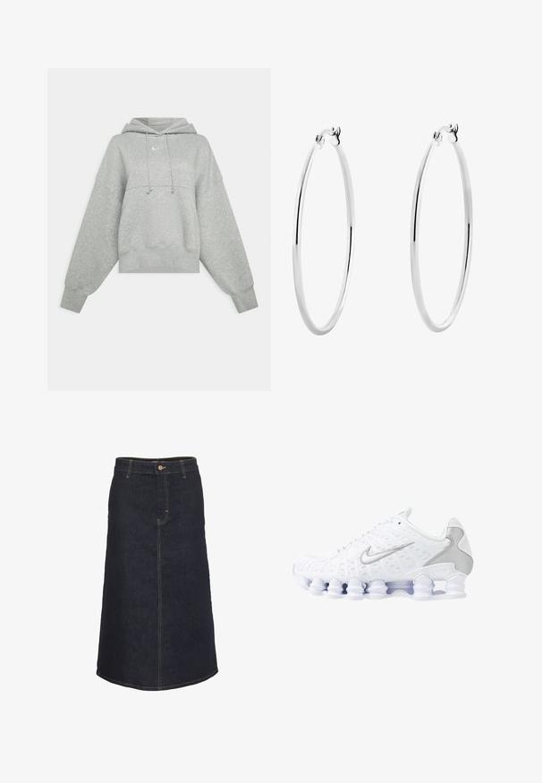 Grå cropped hoodie lavet af blødt materiale. Har en justerbar hætte med snoretræk, brede ærmer og et lille logo på forsiden.; Mørk denim midi-nederdel med en lige silhuet, der har en frontknaplukning og kontrasterende gul syninger.; Hvide atletiske sko med mesh-overdel, sølvfarvede detaljer og et unikt spiral-såledesign. Har polstret krave og snørebåndslukning for en god pasform.; Sølv hoops øreringe med en glat, poleret overflade og en tynd, cirkulær form. Designet har en sikker låsemekanisme.