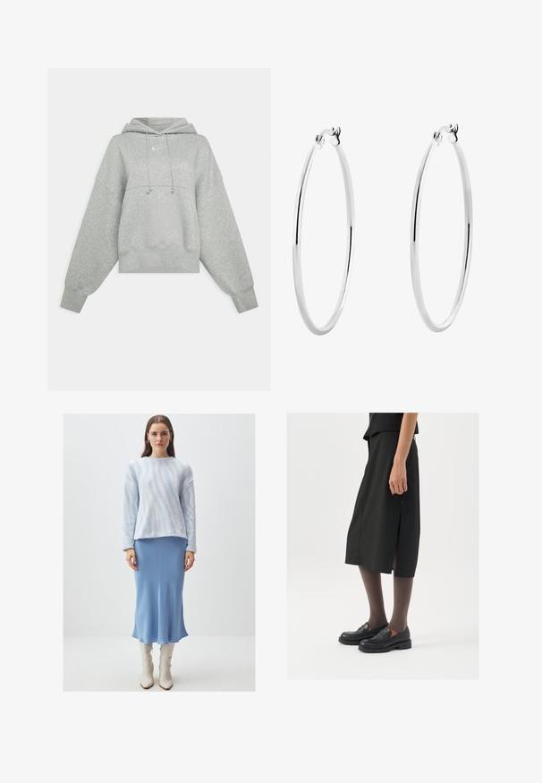 Grijze cropped hoodie van zacht materiaal. Heeft een verstelbare trekkoordcapuchon, brede mouwen en een klein logo op de voorkant.; Lichtblauwe fuzzy trui met gewafelde witte strepen, gecombineerd met een gladde blauwe midi-rok en glanzende witte kniehoge laarzen.; Zwarte knielange rok met zijsplit, gecombineerd met zwarte loafers en doorzichtige bruine panty's, met een mooie stof en een eenvoudig ontwerp.; Zilveren oorringen met een gladde, gepolijste oppervlakte en een dunne, ronde vorm. Het ontwerp heeft een veilige sluiting.