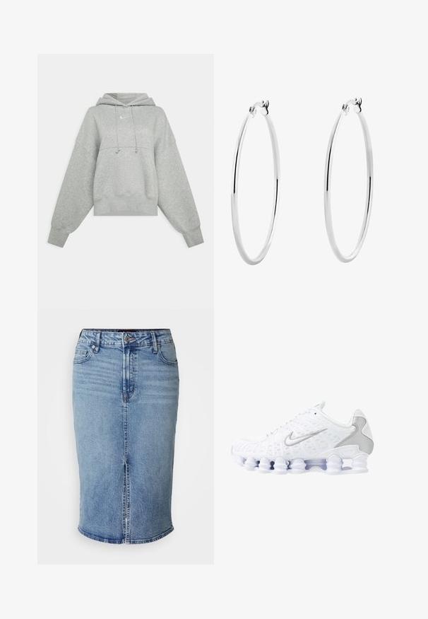 Pilkas trumpas gobtuvas, pagamintas iš švelnios medžiagos. Sukurtas su reguliuojamu raiščiu prie gobtuvo, plačiomis rankovėmis ir mažu logotipu priekyje.; Šviesiai mėlynas džinsinis pieštuko sijonas su priekiu su iškirpimu, penkios kišenės ir mygtukų uždarymas juosmenyje. Normalus ilgis, lygus paviršius.; Balti sportiniai batai su tinkline viršutine dalimi, sidabro akcentais ir unikaliu spiraliniu padu. Yra paminkštinta apykaklė ir raištelių užsegimas, kad būtų patogu.; Sidabriniai auskarai žiedai su lygiu, poliruotu paviršiumi ir plonu, apvaliu formatu. Dizainas turi saugų užsegimą.