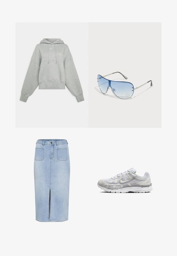 Grå kortärmad hoodie i mjukt tyg. Har en justerbar dragsko i huooden, vida ärmar och en liten logotyp på framsidan.; Ljusblå denim midi-skjorta med en frontslits, fem fickor, och en åtsittande midja med bältesömmar och knappstängning.; Ljust grå sportskor med ovandel i mesh och syntetmaterial, med snörning, vadderad krage och texturerad sula för grepp.; Pilotglasögon med gradientblå linser, silverfärgad metallram och dekorativa stjärnaccenter på linserna. Snygg och elegant design.; Silverörhängen i ringform med en slät, polerad yta och en sömlös design, med rundade kanter och ett säkert lås.