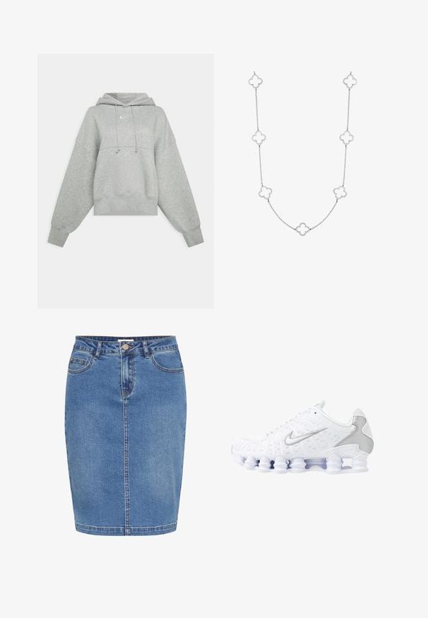 Sivka skrajšana kapuca iz mehke tkanine. Ima nastavljivo kapuco s vrvico, široke rokave in majhen logotip spredaj.; Denimska krilo v svetlo modri barvi, s prilegajočim dizajnom, z zaklepanjem na gumb spredaj, petimi žepe in kontrastnim šivanjem ob šivih.; Beli športni čevlji z mrežasto zgornjico, srebrnimi detajli in edinstvenim dizajnom podplata s tuljavami. Imajo obloženo ovratnik in zapiranje na vezalke za boljše prileganje.; Srebrna verižica z izmeničnimi povezavami v obliki deteljic z odprtimi središči, gladko teksturo in nežno obliko.