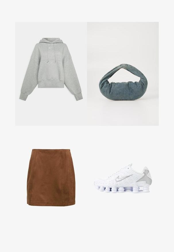 Grå kortärmad hoodie i mjukt tyg. Har en justerbar dragsko i huooden, vida ärmar och en liten logotyp på framsidan.; Brun mockaskinn mini kjol med en slät textur, rak skärning och subtila sömmar. Har en midja och en minimalistisk design.; Vita sportskor med nätöverdel, silverdetaljer och en unik spiral såldesign. Har vadderad krage och snörning för passform.; Blå denimväska med en vadderad, rundad form och ett böjt handtag. Texturen är mjuk, med synliga sömmar och en slät yta.; Silverörhängen med en slät, polerad yta och en tunn, cirkulär form. Designen har en säker låsning.