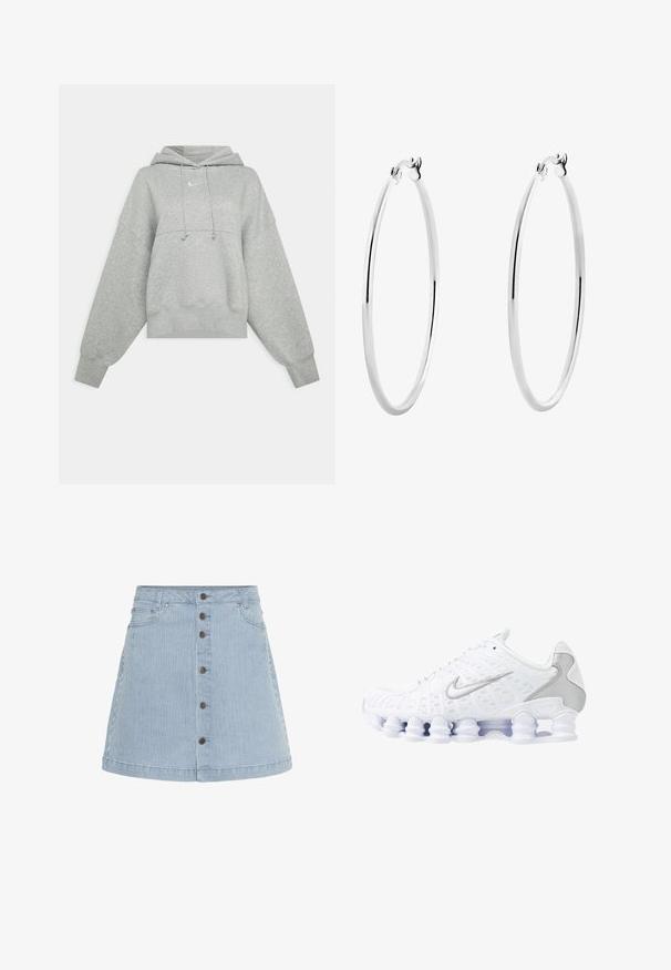 Šedá zkrácená mikina s kapucí vyrobená z měkkého materiálu. Má nastavitelnou kapuci, široké rukávy a malé logo na přední straně.; Džínová sukně světle modré barvy s bílými pruhy. Má zapínání na knoflíky vpředu, dvě boční kapsy a rozšířený spodní lem.; Bílé sportovní boty s síťovaným svrškem, stříbrnými akcenty a unikátním designem podrážky s pružinou. Mají polstrovaný límec a šněrování pro dokonalé přizpůsobení.; Stříbrné kruhové náušnice s hladkým, leštěným povrchem a bezšvým designem, s zaoblenými hranami a bezpečným zapínáním.