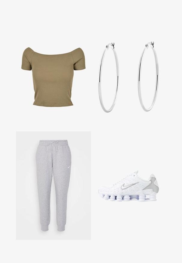Huppari harmaana, joka on leikattu lyhyeksi ja valmistettu pehmeästä kankaasta. Varustettu säädettävällä naruhupulla, leveillä hihoilla ja pienellä logolla etupuolella.; Oliiviv зеленый рифленый топ с короткими рукавами и открытыми плечами, с облегающим силуэтом, гладкой текстурой и чистыми краями.; Vaaleanharmaat collegehousut, joissa on nyörikiinnitys vyötäröllä, kapenevat lahkeet ja pieni valkoinen logo vasemmassa reidessä. Valmistettu pehmeästä, teksturoidusta kankaasta.; Valkoiset urheilukengät, joissa on verkkokangaspäällinen, hopeiset yksityiskohdat ja ainutlaatuinen kierreellinen pohjamuotoilu. Varustettu pehmustetulla nilkkakohdalla ja nauhakiristyksellä mukautuvaa istuvuutta varten.; Hopehope hopehope hopehope hopehope hopehope, joka on sileä ja kiillotettu pinta ja ohut, pyöreä muoto. Muotoilu sisältää turvallisen lukituksen.