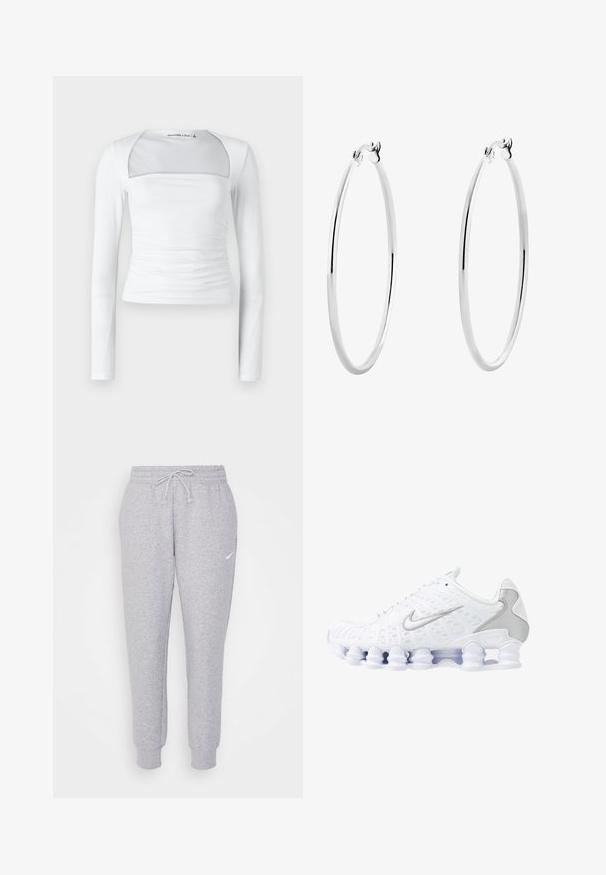 Graue, verkürzte Kapuzenjacke aus weichem Stoff. Sie verfügt über eine verstellbare Kapuze mit Zugband, weite Ärmel und ein kleines Logo auf der Vorderseite.; Weißes Langarmoberteil mit quadratischem Ausschnitt, das über ein transparentes Paneel, geraffte Seitendetails und glattes, dehnbares Material verfügt.; Hellgraue Sweatpants mit einem Kordelzug in der Taille, schmal zulaufenden Beinen und einem kleinen weißen Logo am linken Oberschenkel. Hergestellt aus einem weichen, strukturierten Stoff.; Weiße Sportschuhe mit einem oberen Teil aus Mesh, silbernen Akzenten und einem einzigartigen Spiralsohlendesign. Verfügt über einen gepolsterten Schaft und eine Schnürung für optimalen Halt.; Silberne Creolen mit einer glatten, polierten Oberfläche und einer dünnen, runden Form. Das Design verfügt über einen sicheren Verschluss.