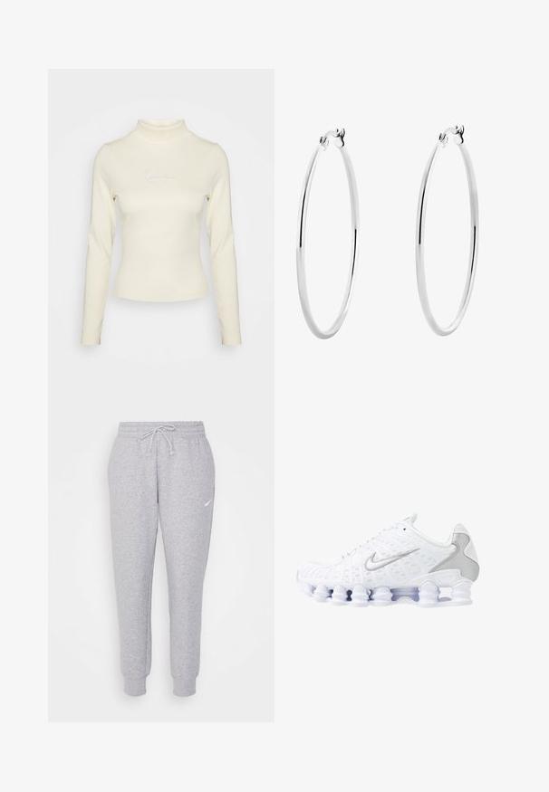 Grijze cropped hoodie van zacht materiaal. Heeft een verstelbare trekkoordcapuchon, brede mouwen en een klein logo op de voorkant.; Karl Kani SMALL SIGNATURE - Longsleeve - cream; Lichtgrijze sweatpants met een trekkoord bij de taille, taps toelopende benen en een klein wit logo op de linkerdij. Gemaakt van een zachte, gestructureerde stof.; Witte sportieve schoenen met een bovenwerk van mesh, zilveren accenten en een unieke spiraalzoolontwerp. Voorzien van een gevoerd kraag en vetersluiting voor een goede pasvorm.; Zilveren oorringen met een gladde, gepolijste oppervlakte en een dunne, ronde vorm. Het ontwerp heeft een veilige sluiting.