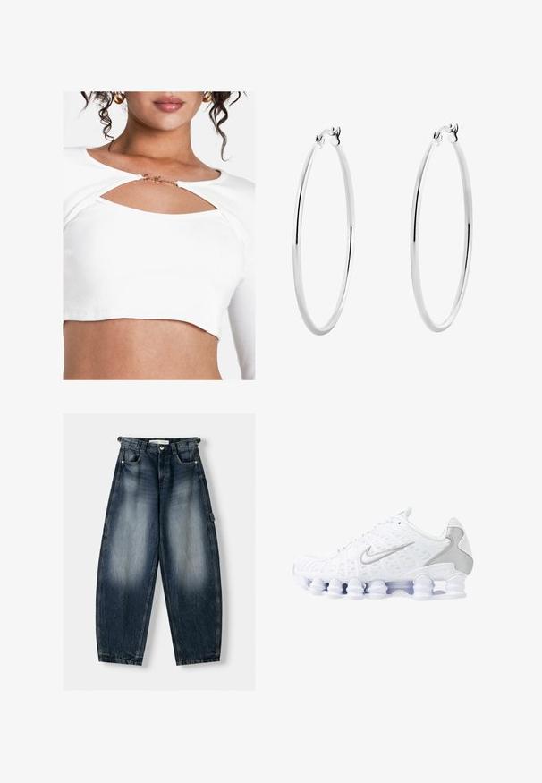 Graue, verkürzte Kapuzenjacke aus weichem Stoff. Sie verfügt über eine verstellbare Kapuze mit Zugband, weite Ärmel und ein kleines Logo auf der Vorderseite.; Weißes geripptes Crop-Top mit einem Cut-Out-Design an der Brust und einem goldenen Akzent. Der Stoff hat eine glatte Textur und eine figurbetonte Passform.; Blaue Denim-Hosen im weiten Schnitt mit ausgewaschenem Finish, ausgestattet mit einem Knopfverschluss, Seitentaschen und cargoartigen Taschen an den Seiten.; Weiße Sportschuhe mit einem oberen Teil aus Mesh, silbernen Akzenten und einem einzigartigen Spiralsohlendesign. Verfügt über einen gepolsterten Schaft und eine Schnürung für optimalen Halt.; Silberne Creolen mit einer glatten, polierten Oberfläche und einer dünnen, runden Form. Das Design verfügt über einen sicheren Verschluss.