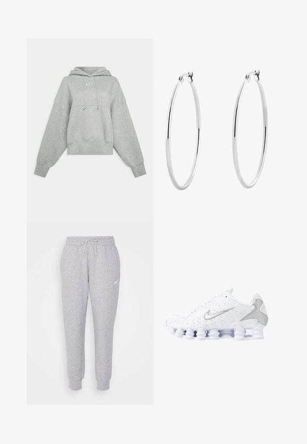 Grå kortärmad hoodie i mjukt tyg. Har en justerbar dragsko i huooden, vida ärmar och en liten logotyp på framsidan.; Ljust grå sweatpants med dragsko i midjan, smalnande ben och en liten vit logotyp på vänster lår. Tillverkade av ett mjukt, strukturerat tyg.; Vita sportskor med nätöverdel, silverdetaljer och en unik spiral såldesign. Har vadderad krage och snörning för passform.; Silverörhängen med en slät, polerad yta och en tunn, cirkulär form. Designen har en säker låsning.