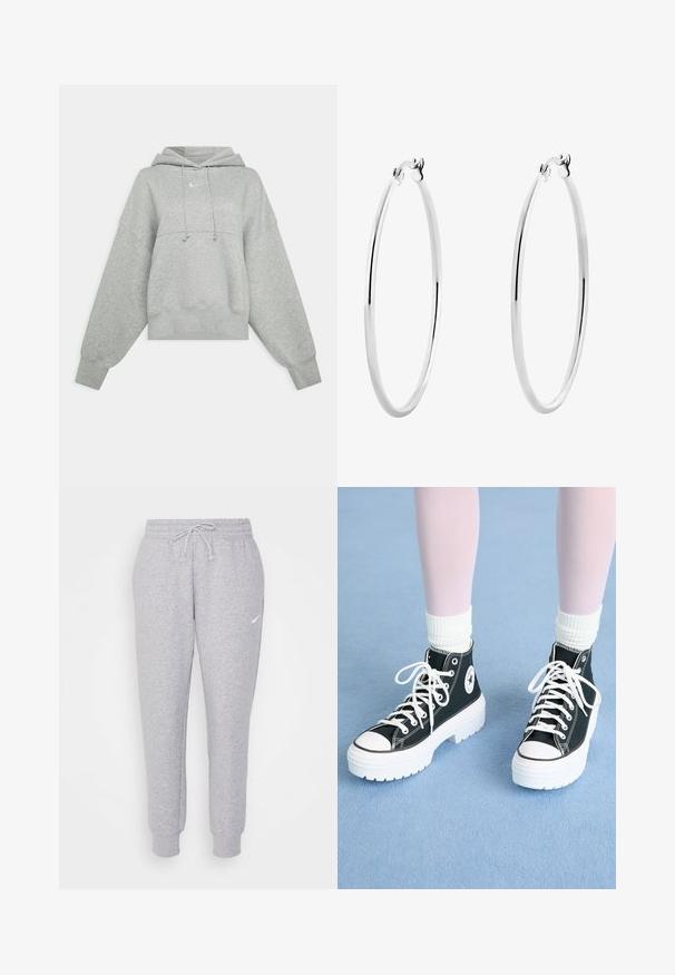 Huppari harmaana, joka on leikattu lyhyeksi ja valmistettu pehmeästä kankaasta. Varustettu säädettävällä naruhupulla, leveillä hihoilla ja pienellä logolla etupuolella.; Vaaleanharmaat collegehousut, joissa on nyörikiinnitys vyötäröllä, kapenevat lahkeet ja pieni valkoinen logo vasemmassa reidessä. Valmistettu pehmeästä, teksturoidusta kankaasta.; Mustat korkeavartiset lenkkarit, joissa on valkoiset pohjat ja nauhat, sivussa pyöreä logo ja kontrastiväristä mustaa tikkausta. Teksturoitu kangasylä.; Hopehope hopehope hopehope hopehope hopehope, joka on sileä ja kiillotettu pinta ja ohut, pyöreä muoto. Muotoilu sisältää turvallisen lukituksen.