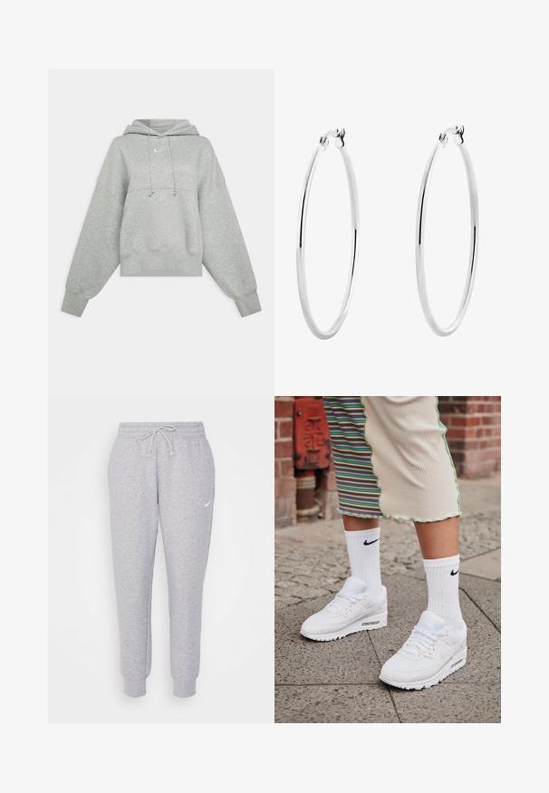 Grå croppet hettegenser laget av mykt stoff. Har justerbar snøring på hetten, vide ermer og en liten logo foran.; Lysegrå collegebukser med snor i livet, smalnede ben og en liten hvit logo på venstre lår. Laget av et mykt, teksturert stoff.; Hvite Nike Air Max 90 sneakers med overdel i mesh og skinn, med en synlig luftpute, kombinert med hvite ribbestrikkede sokker med svart logo.; Sølv ringøredobber med en glatt, polert overflate og en tynn, sirkulær form. Designet har en sikker clasp.