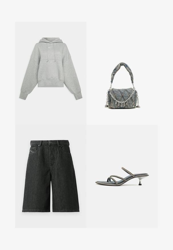 Szürke, rövidített kapucnis pulóver puha anyagból. Állítható zsinóros kapucnival, széles ujjakra és egy kis logóra van ellátva az elülső részén.; Fekete farmer rövidnadrág laza szabásban, elöl gombos és cipzáras záródással, övhurkokkal és két elülső zsebbel. Texturált anyag varrási részletekkel.; Denim szandál három vékony pánttal, amelyeket strasszok díszítenek, hegyes orral és fémes, tűs sarkú kialakítással. Csúszásmentes talp.; Farmer táska steppelt mintával, kék színben, rövid fonott kézi fogantyúval és ezüst lánc pánttal, amelyen fényes márkaneves díszítés található.