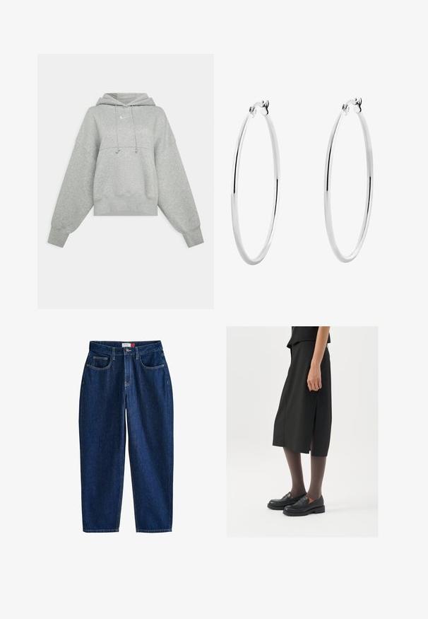 Huppari harmaana, joka on leikattu lyhyeksi ja valmistettu pehmeästä kankaasta. Varustettu säädettävällä naruhupulla, leveillä hihoilla ja pienellä logolla etupuolella.; Tummansininen farkkuhousut, joissa on suora lahjemuotoilu, viisi taskua ja näkyviä ompelutietoja. Napitus vyötäröllä.; Mustat polvenpituinen hame, jossa on sivuaukko, yhdistettynä mustiin loafer-kengiin ja ohuisiin ruskeisiin sukkahousuihin. Hameessa on sileä kangas ja yksinkertainen muotoilu.; Hopehope hopehope hopehope hopehope hopehope, joka on sileä ja kiillotettu pinta ja ohut, pyöreä muoto. Muotoilu sisältää turvallisen lukituksen.