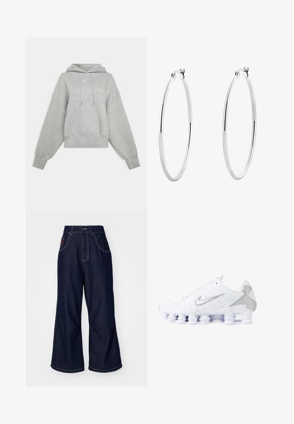 Pilkas trumpas gobtuvas, pagamintas iš švelnios medžiagos. Sukurtas su reguliuojamu raiščiu prie gobtuvo, plačiomis rankovėmis ir mažu logotipu priekyje.; Jaded London COMET COLOSSUS - Platėjantys džinsai - blue denim; Balti sportiniai batai su tinkline viršutine dalimi, sidabro akcentais ir unikaliu spiraliniu padu. Yra paminkštinta apykaklė ir raištelių užsegimas, kad būtų patogu.; Sidabriniai auskarai žiedai su lygiu, poliruotu paviršiumi ir plonu, apvaliu formatu. Dizainas turi saugų užsegimą.