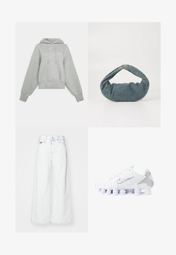 Grå croppet hettegenser laget av mykt stoff. Har justerbar snøring på hetten, vide ermer og en liten logo foran.; Bredde bein hvite denimjeans med høy midje, med front knappelukking og klassisk fem-lomme design. Jevn tekstur med minimal falming.; Hvite sportsko med mesh-overdel, sølvfargede detaljer og et unikt spiral såle-design. Har polstret krage og snøring for tilpasning.; Blå denimveske med en polstret, rund form og et buet håndtak. Teksturen er myk, med synlige sømmer og en jevn overflate.; Sølv ringøredobber med en glatt, polert overflate og en tynn, sirkulær form. Designet har en sikker clasp.
