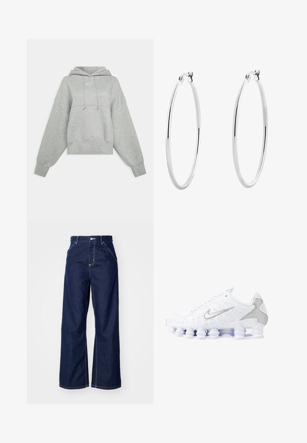 Sivá skrátená mikina s kapucňou vyrobená z mäkkej tkaniny. Má nastaviteľnú kapucňu so šnúrkou, široké rukávy a malé logo na prednej strane.; Dlhé nohavice v tmavomodrom denime s vysokým pásom, kontrastným bielym prešívaním a tradičným päťvreckovým dizajnom.; Biele športové topánky s jemnou sieťovinou na hornej časti, striebornými detailmi a jedinečným dizajnom podpätka v tvare cievky. Majú polstrovaný golier a šnurovanie pre lepšie udržanie na nohe.; Strieborné kruhové náušnice s hladkým, lesklým povrchom a tenkým, kruhovým tvarom. Dizajn obsahuje bezpečné zapínanie.