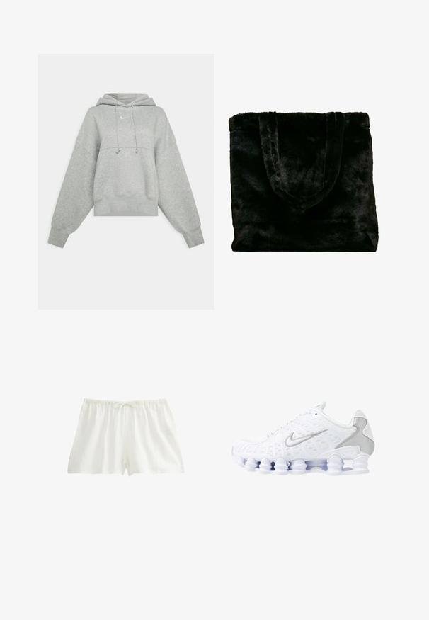 Grijze cropped hoodie van zacht materiaal. Heeft een verstelbare trekkoordcapuchon, brede mouwen en een klein logo op de voorkant.; Witte katoenen shorts met een elastische tailleband en een trekkoord. Lichtgewicht stof met een textuurafwerking, ontworpen voor comfort en ademend vermogen.; Witte sportieve schoenen met een bovenwerk van mesh, zilveren accenten en een unieke spiraalzoolontwerp. Voorzien van een gevoerd kraag en vetersluiting voor een goede pasvorm.; Zwarte nepbont schoudertas met een zachte textuur. Voorzien van twee stevige handvatten en een open ontwerp, geschikt voor diverse toepassingen.; Zilveren oorringen met een gladde, gepolijste oppervlakte en een dunne, ronde vorm. Het ontwerp heeft een veilige sluiting.