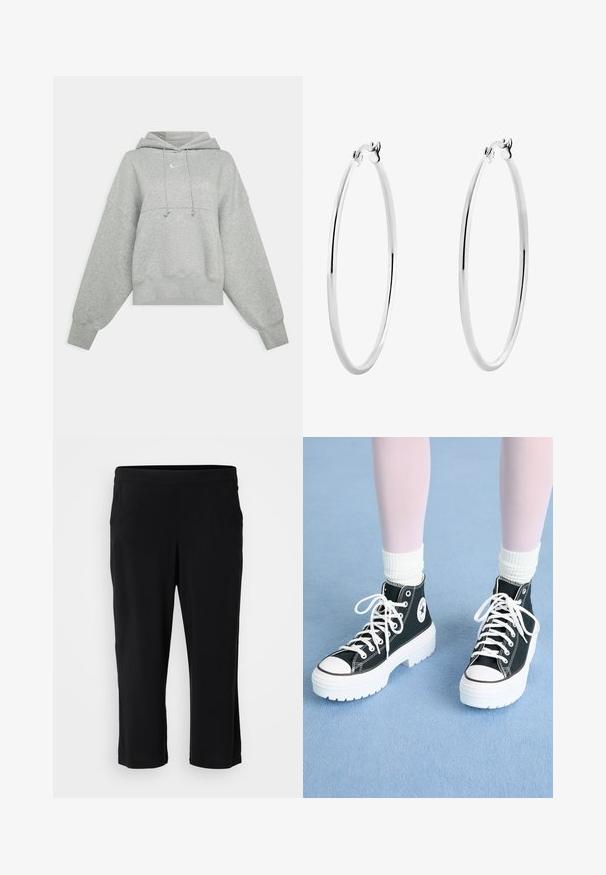 Sweat-shirt court gris en tissu doux. Dispose d'une capuche réglable avec cordon, de manches larges et d'un petit logo à l'avant.; Pantalons noirs raccourcis en tissu doux et extensible ; dotés d'une taille élastique et sans poches visibles. Texture lisse sans motifs.; Baskets montantes noires avec semelles et lacets blancs, présentant un logo circulaire sur le côté et des coutures noires contrastantes. Tige en tissu texturé.; Boucles d'oreilles en argent en forme de hoop, avec une surface lisse et polie et une forme circulaire mince. Le design comprend un fermoir sécurisé.