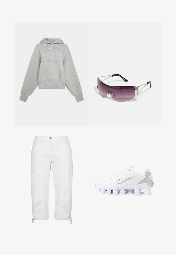 Graue, verkürzte Kapuzenjacke aus weichem Stoff. Sie verfügt über eine verstellbare Kapuze mit Zugband, weite Ärmel und ein kleines Logo auf der Vorderseite.; Weiße Cargo-Hosen mit geradem Bein, gefertigt aus leichtem Stoff. Mit Seitentaschen und verstellbaren Bündchen mit Kordelzügen.; Weiße Sportschuhe mit einem oberen Teil aus Mesh, silbernen Akzenten und einem einzigartigen Spiralsohlendesign. Verfügt über einen gepolsterten Schaft und eine Schnürung für optimalen Halt.; Sonnenbrille mit großem, gewölbtem lila Objektiv, silbernen Metallelementen und schwarzen Bügeln mit einem Logo. Strukturelle Details am Gestell sind sichtbar.; Schwarze Stoffhandtasche mit einer geschwungenen, weichen Form, die ein gerafftes Design und einen verstellbaren Trageriemen aufweist. Minimalistischer Stil ohne sichtbare Hardware.