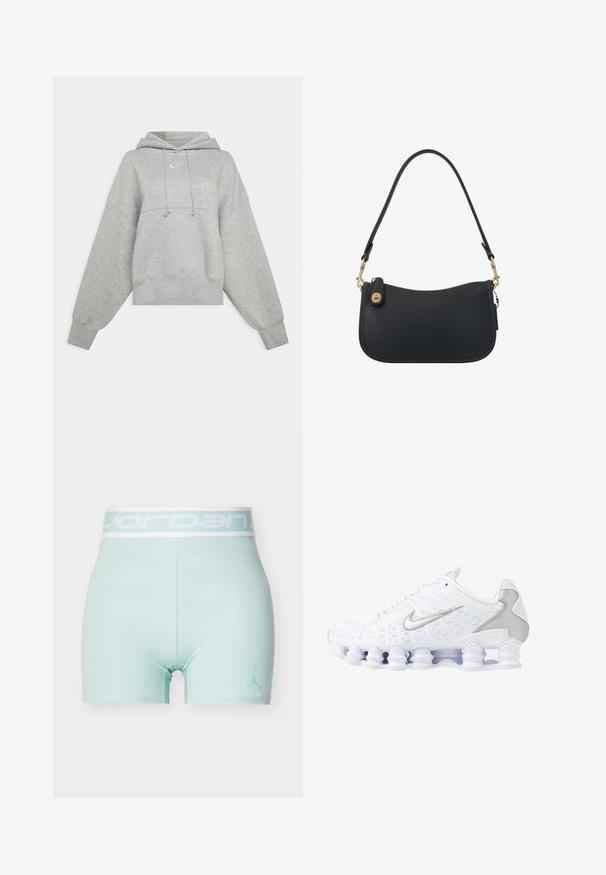 Grå kortärmad hoodie i mjukt tyg. Har en justerbar dragsko i huooden, vida ärmar och en liten logotyp på framsidan.; Ljust mintgröna träningsshorts tillverkade av elastiskt material, med en vit Jordan-logotyp och elastisk midja med texten "JORDAN".; Vita sportskor med nätöverdel, silverdetaljer och en unik spiral såldesign. Har vadderad krage och snörning för passform.; Svart läder axelväska med en böjd design, guldhandtag och dragkedjestängning. Har en avtagbar rem och subtila sömnadsdetaljer.; Silverörhängen med en slät, polerad yta och en tunn, cirkulär form. Designen har en säker låsning.