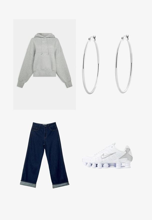 Šedá zkrácená mikina s kapucí vyrobená z měkkého materiálu. Má nastavitelnou kapuci, široké rukávy a malé logo na přední straně.; Stradivarius BAGGY - Široké džíny - dark blue; Bílé sportovní boty s síťovaným svrškem, stříbrnými akcenty a unikátním designem podrážky s pružinou. Mají polstrovaný límec a šněrování pro dokonalé přizpůsobení.; Stříbrné kruhové náušnice s hladkým, leštěným povrchem a tenkým, kruhovým tvarem. Design obsahuje bezpečné zapínání.