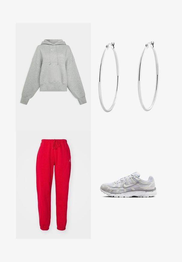 Grå cropped hoodie lavet af blødt materiale. Har en justerbar hætte med snoretræk, brede ærmer og et lille logo på forsiden.; Røde sweatpants med elastisk talje og snor. Har ribbede bunde og et lille logo akcent på den øverste venstre ben. Blød tekstur.; Lys grå atletik sko med en overdel i mesh og syntetiske materialer, der har snørebånd, polstret krave og struktureret sål for godt greb.; Sølv hoops øreringe med en glat, poleret overflade og en tynd, cirkulær form. Designet har en sikker låsemekanisme.