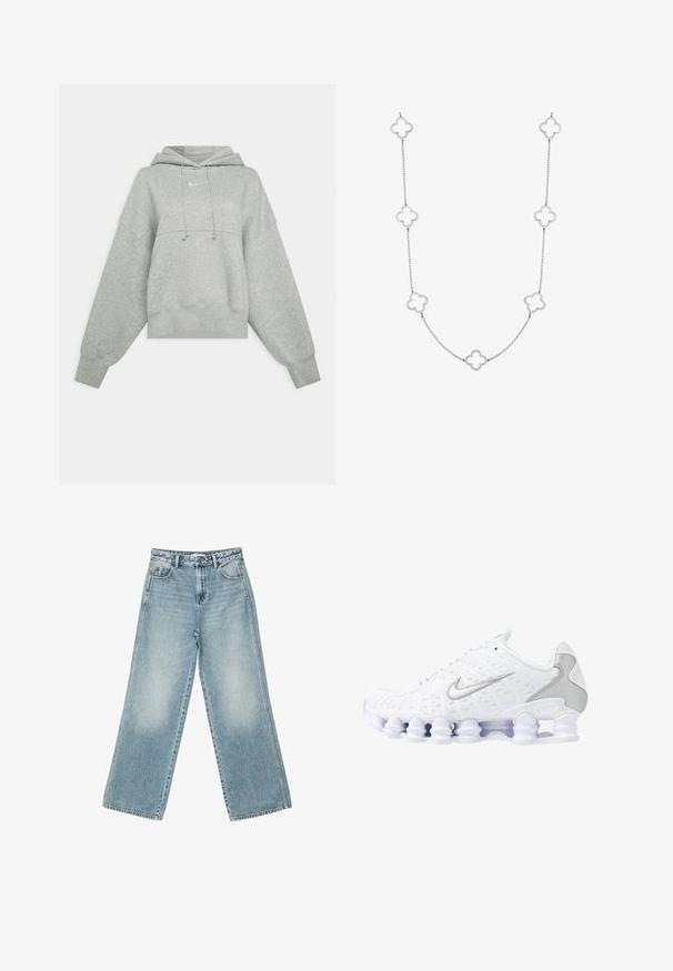 Siva skraćena dukserica napravljena od mekog materijala. Ima podesivu kapuljaču, široke rukave i mali logo sprijeda.; Svijetloplave široke traperice od denima, s visokim strukom, pet džepova i suptilnim izblijeđenjem duž nogu.; Bijele atletske tenisice s mrežastim gornjim dijelom, srebrnim akcentima i jedinstvenim dizajnom potplata u obliku spirale. Imaju podstavljeni ovratnik i vezanje za prilagodbu.; Srebrna lančić ogrlica koja sadrži naizmjenične karike u obliku djeteline s otvorenim središtima, glatke teksture i delikatnog dizajna.