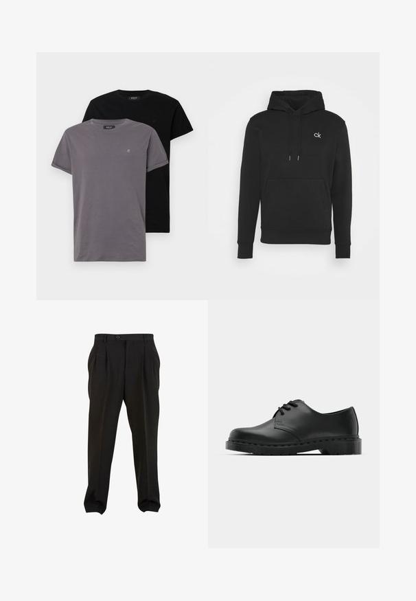 Fekete kapucnis pulóver kenguruzsebbel, húzózsinórral és egy kis fehér "ck" logóval a mellrészen. Puha, texturált anyagból készült.; Két kereknyakú póló; az egyik szürke, a másik fekete. Mindkettő puha pamutból készült, és fel vannak hajtva az ujjaik, valamint egy kis logó található a mellrészen.; Fekete nadrág sima anyagból, elöl pleátokkal, gombos derékpánttal és keskenyített bokarészekkel. Klasszikus szabásvonal.; Fekete bőr oxford cipő fűzős kialakítással, kerek orral, lapos gumitalppal és finom varrással a felső részen.