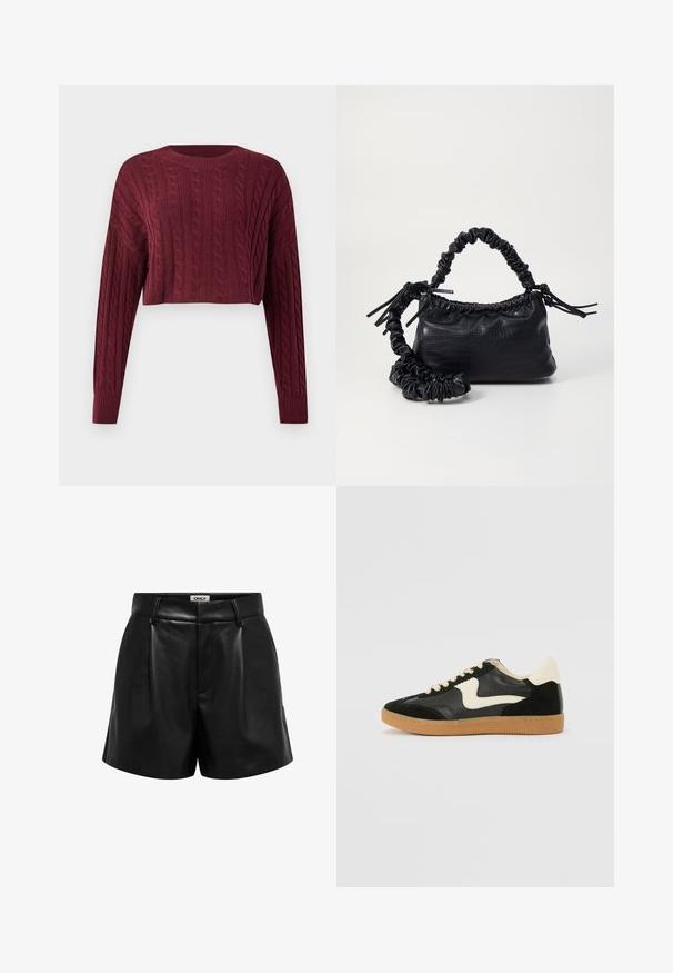 Maglione corto bordeaux con motivo a treccia, maniche lunghe e collo e polsini a coste, in tessuto texturizzato.; Camicia button-up a quadri neri e grigi con colletto, maniche lunghe e vestibilità rilassata. Il tessuto sembra morbido con una leggera texture.; Shorts neri in finta pelle a vita alta con passanti per cintura, pieghe frontali e chiusura con zip nascosta, etichettati "ONLY" all'interno della vita.; Sneaker nera in suede e pelle con un sorriso laterale crema e un tallone di un leggero crema. Presenta lacci beige e una suola in gomma color caramello.; Borsa a tracolla in ecopelle nera con texture a coccodrillo, apertura cinchata e tracolla arricciata. Si presenta con un design morbido e compatto.