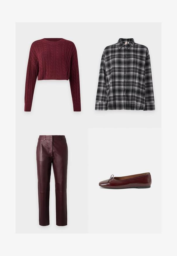 Burgunderfarbener, kurz geschnittener Pullover mit Zopfmuster, langen Ärmeln und geripptem Halsausschnitt sowie Bündchen, der einen strukturierten Stoff zeigt.; Schwarz und grau kariertes Hemd mit Knopfverschluss, Kragen, langen Ärmeln und lockerer Passform. Der Stoff scheint weich mit einer leichten Textur zu sein.; Burgunderfarbene Lederhosen mit einer taillierten Passform, subtilen Glanz und glatter Textur. Mit einem mittelhohen Bund und geradem Bein.; Burgunderfarbenes, lackiertes Ballettschuh mit abgerundetem Zehenbereich, kleiner Schleifenakzent vorne und einer niedrigen, schwarzen Gummisohle. Glatte Textur.