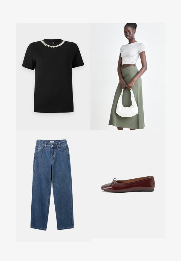Bordeaux cropped trui met een kabelpatroon, lange mouwen en een geribbelde halslijn en manchetten, met een textuurstof.; Zwart katoenen T-shirt met korte mouwen en een ronde hals, met een decoratieve accent van heldere kristallen rond de kraag.; Klassieke blauwe denim jeans met een rechte pijp, vijf zakken en een knoopsluiting. Heeft een middelgrote wasbeurt en stevige textuur.; Bordeaux gepatenteerd lederen ballerina met een ronde neus, een klein strikaccent aan de voorkant en een lage, zwarte rubberen zool. Glad textuur.; Grijs geribbelde crop top en olijfgroene hoge taille rok. Model houdt een witte schoudertas met uitsparingen vast. Eenvoudig ontwerp, aansluitende silhouet.