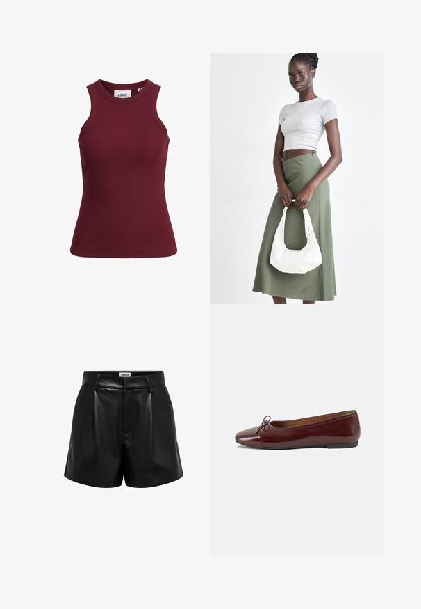Burgundy cropped sweater with a cable knit pattern, long sleeves, and a ribbed neckline and cuffs, displaying textured fabric.; Burgundy sleeveless ribbed tank top with a round neckline and a fitted design. Features a sturdy fabric and a brand label inside the collar.; Black and gray plaid button-up shirt with a collar, long sleeves, and a relaxed fit. Fabric appears soft with a slight texture.; Black faux leather high-waist shorts with belt loops, front pleats, and a concealed zipper closure, labeled "ONLY" inside the waistband.; Burgundy patent leather ballet flat with a rounded toe, small bow accent at the front, and a low, black rubber sole. Smooth texture.; Gray ribbed crop top and olive green high-waisted skirt. Model holds a white shoulder bag with cut-out detailing. Simple design, fitted silhouette.